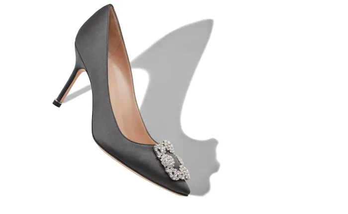 Women High Heels Manolo Blahnik HANGISI 90 Grey Satin Jewel Buckle Pumps Women High Heels Manolo Blahnik HANGISI 90 Grey Satin Jewel Buckle Pumps