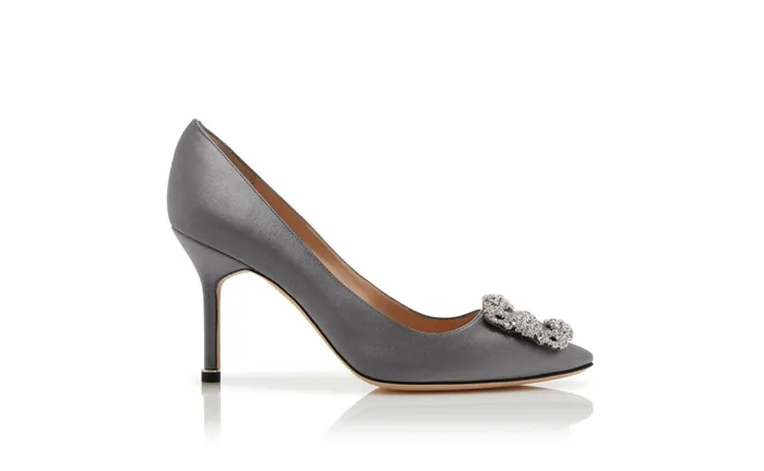 Women High Heels Manolo Blahnik HANGISI 90 Grey Satin Jewel Buckle Pumps Women High Heels Manolo Blahnik HANGISI 90 Grey Satin Jewel Buckle Pumps