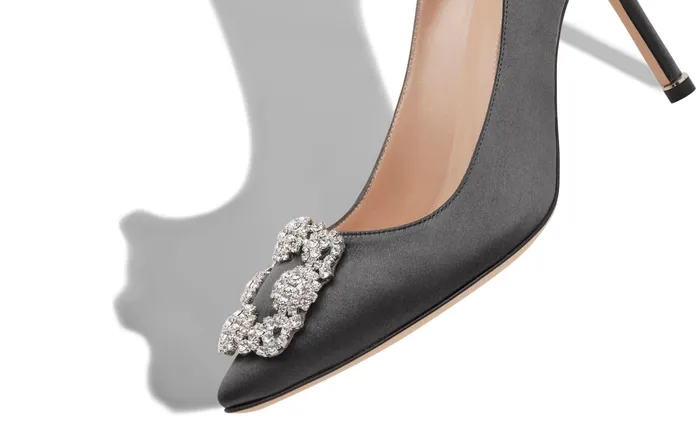 Women High Heels Manolo Blahnik HANGISI 90 Grey Satin Jewel Buckle Pumps Women High Heels Manolo Blahnik HANGISI 90 Grey Satin Jewel Buckle Pumps