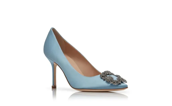 Women High Heels Manolo Blahnik HANGISI 90 Light Blue Satin Jewel Buckle Pumps Women High Heels Manolo Blahnik HANGISI 90 Light Blue Satin Jewel Buckle Pumps