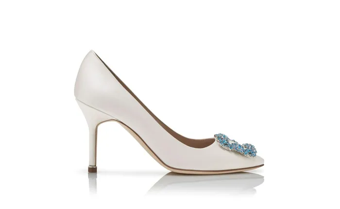 Women High Heels Manolo Blahnik HANGISI BRIDE 90 White Satin Jewel Buckle Pumps Women High Heels Manolo Blahnik HANGISI BRIDE 90 White Satin Jewel Buckle Pumps