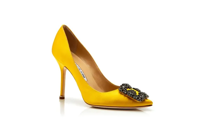 Women High Heels Manolo Blahnik HANGISI Yellow Satin Jewel Buckle Pumps