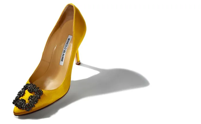Women High Heels Manolo Blahnik HANGISI Yellow Satin Jewel Buckle Pumps Women High Heels Manolo Blahnik HANGISI Yellow Satin Jewel Buckle Pumps