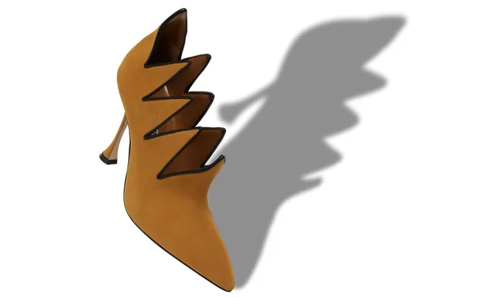 Women High Heels Manolo Blahnik OLVIDEO Mid Brown Suede Zigzag CutOut Pumps