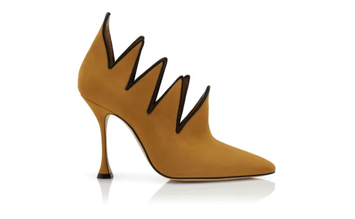Women High Heels Manolo Blahnik OLVIDEO Mid Brown Suede Zigzag CutOut Pumps