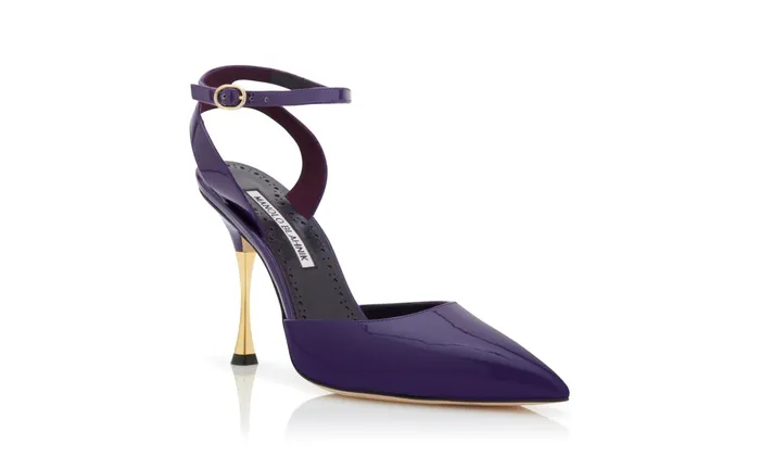 Women High Heels Manolo Blahnik PETA Purple Patent Pointed Toe Pumps