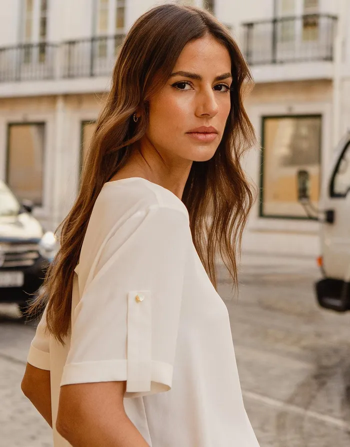 Women Ivory Short Roll Sleeve TShirt Blouse Ivory Threadbare Blouses and Shirts