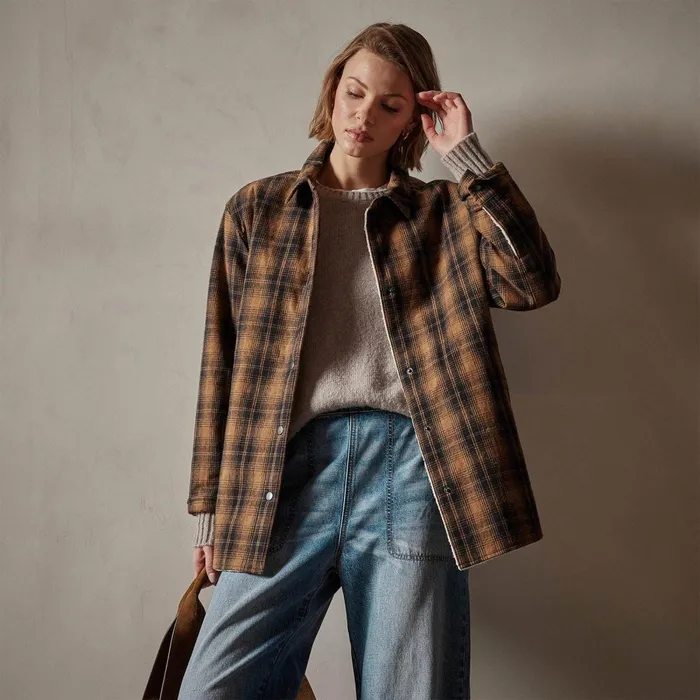 Women JacketsOuterwear James Perse Sherpa Lined Plaid Jacket Camelblack