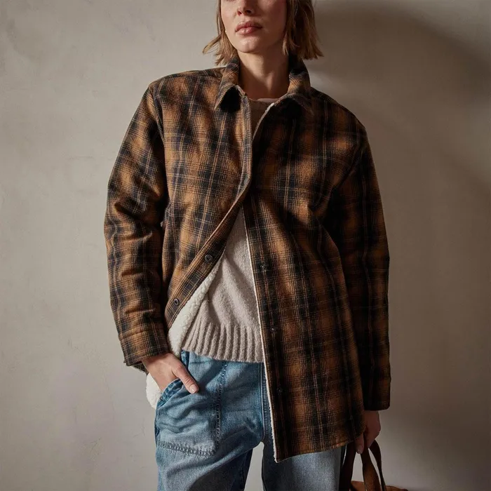 Women JacketsOuterwear James Perse Sherpa Lined Plaid Jacket Camelblack