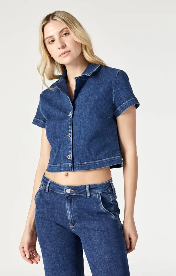 Women Keyla Crop Short Sleeve Shirt In Dark Feather Blue Mavi Jeans Shirts
