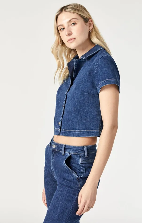 Women Keyla Crop Short Sleeve Shirt In Dark Feather Blue Mavi Jeans Shirts Women Keyla Crop Short Sleeve Shirt In Dark Feather Blue Mavi Jeans Shirts