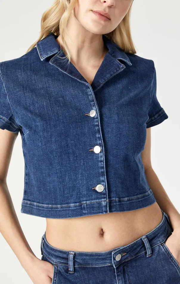 Women Keyla Crop Short Sleeve Shirt In Dark Feather Blue Mavi Jeans Shirts Women Keyla Crop Short Sleeve Shirt In Dark Feather Blue Mavi Jeans Shirts