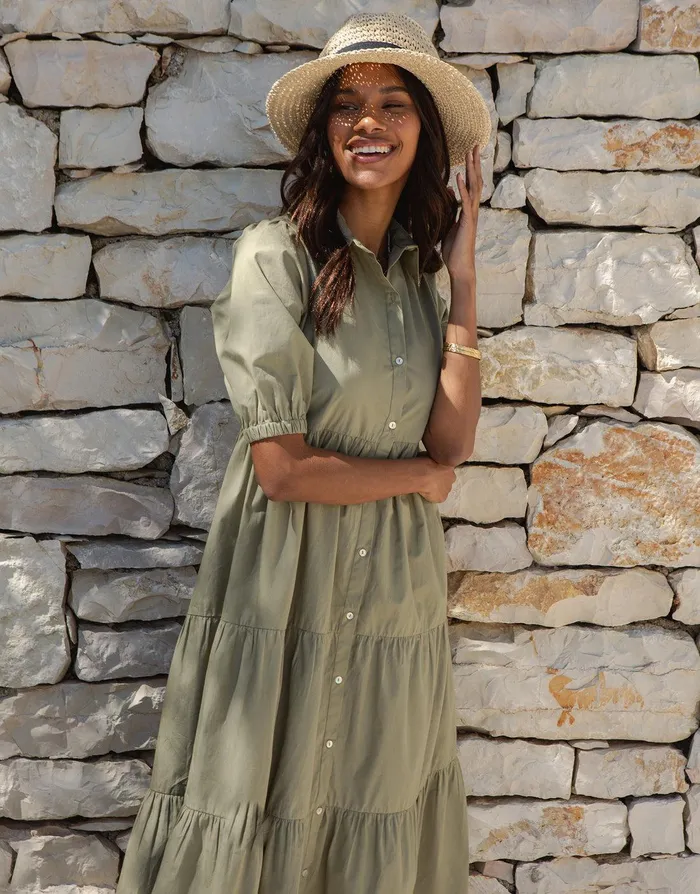 Women Khaki Button Down Collared Tiered Maxi Shirt Dress Khaki Threadbare Dresses