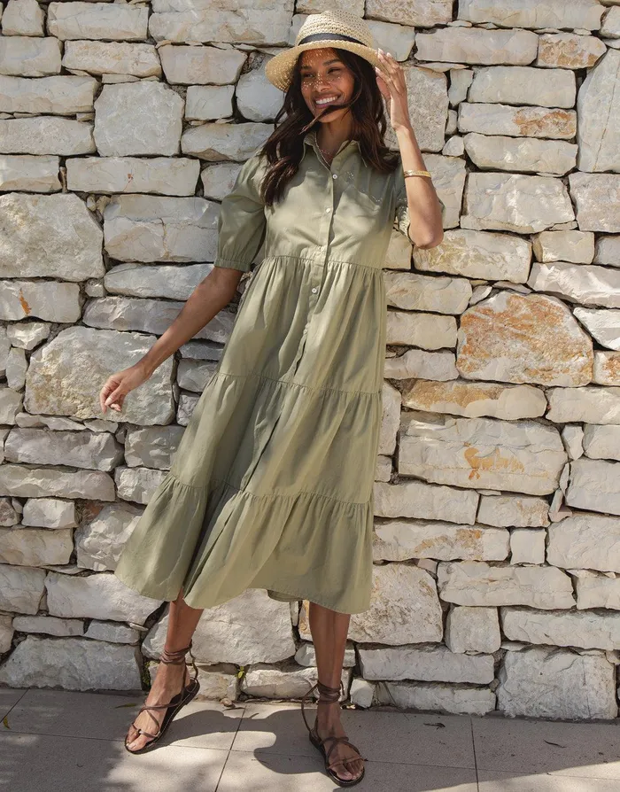 Women Khaki Button Down Collared Tiered Maxi Shirt Dress Khaki Threadbare Dresses Women Khaki Button Down Collared Tiered Maxi Shirt Dress Khaki Threadbare Dresses