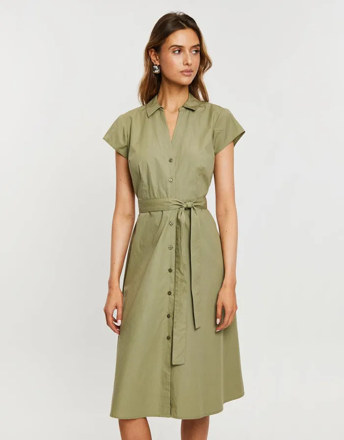 Women Khaki Cotton Poplin V Neck Open Collar Shirt Dress With Tie Belt Khaki Threadbare Dresses Women Khaki Cotton Poplin V Neck Open Collar Shirt Dress With Tie Belt Khaki Threadbare Dresses