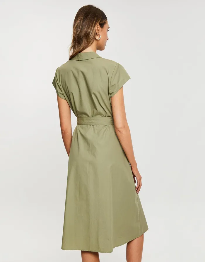 Women Khaki Cotton Poplin V Neck Open Collar Shirt Dress With Tie Belt Khaki Threadbare Dresses