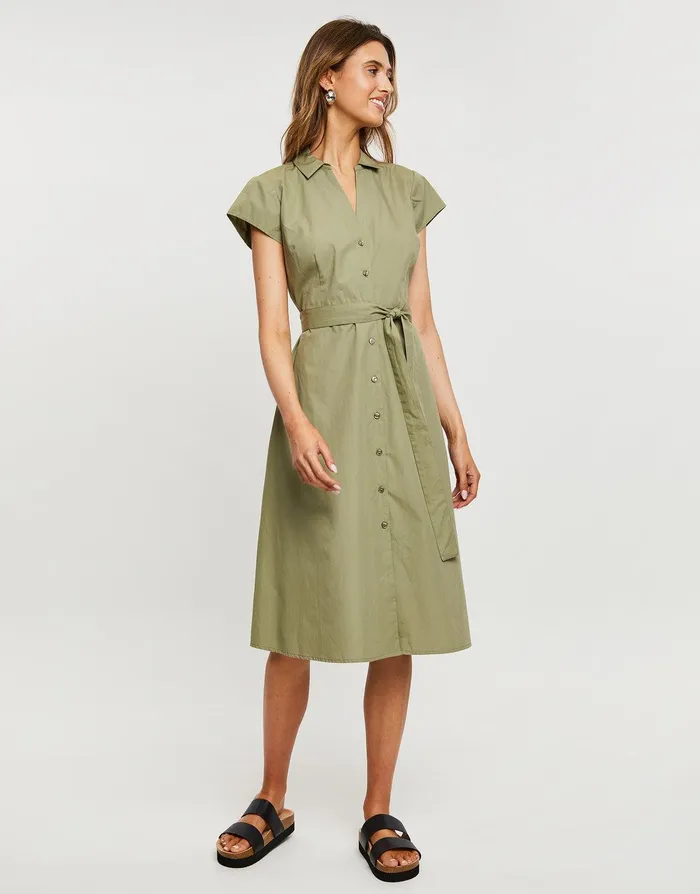 Women Khaki Cotton Poplin V Neck Open Collar Shirt Dress With Tie Belt Khaki Threadbare Dresses