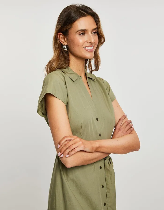Women Khaki Cotton Poplin V Neck Open Collar Shirt Dress With Tie Belt Khaki Threadbare Dresses