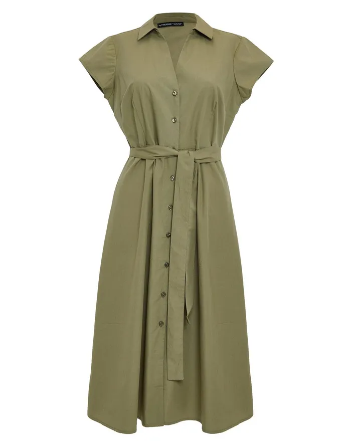 Women Khaki Cotton Poplin V Neck Open Collar Shirt Dress With Tie Belt Khaki Threadbare Dresses