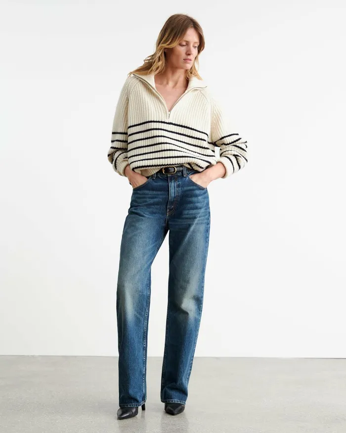 Women Knits and Sweaters Nili Lotan AMELINA CASHMERE SWEATER Ivorydark Navy Stripe
