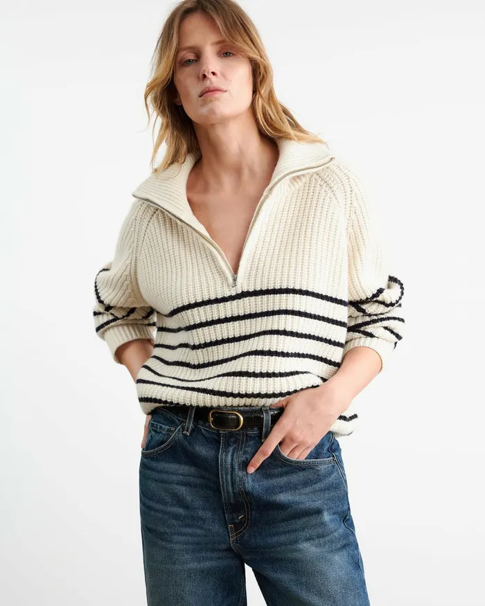 Women Knits and Sweaters Nili Lotan AMELINA CASHMERE SWEATER Ivorydark Navy Stripe