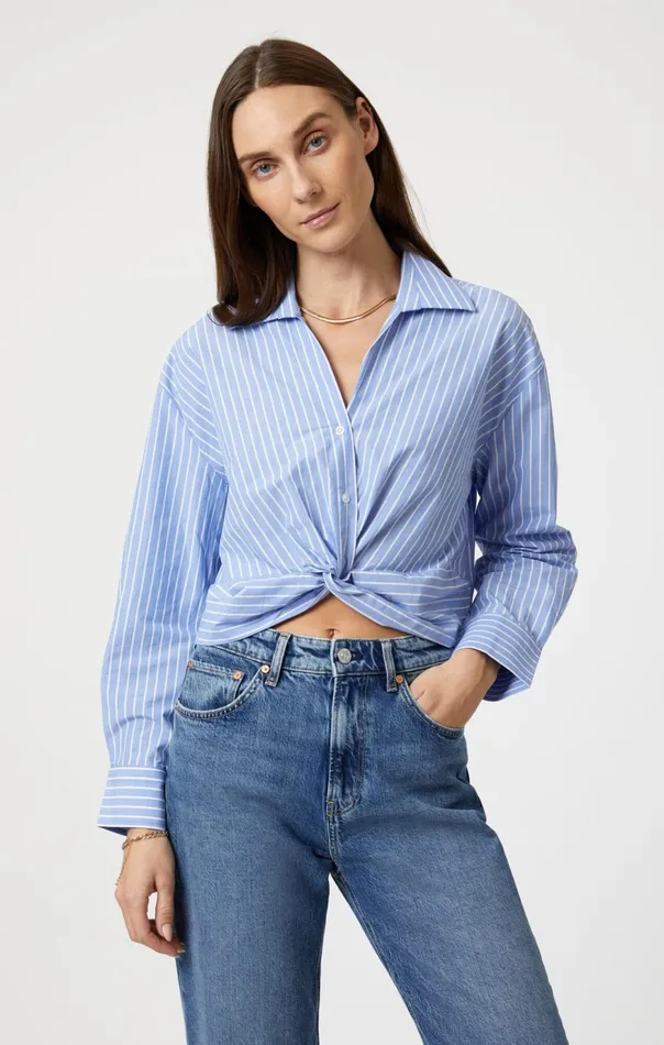 Women Knot Front Long Sleeve Shirt In Blue Striped Mavi Jeans Tops and TShirts