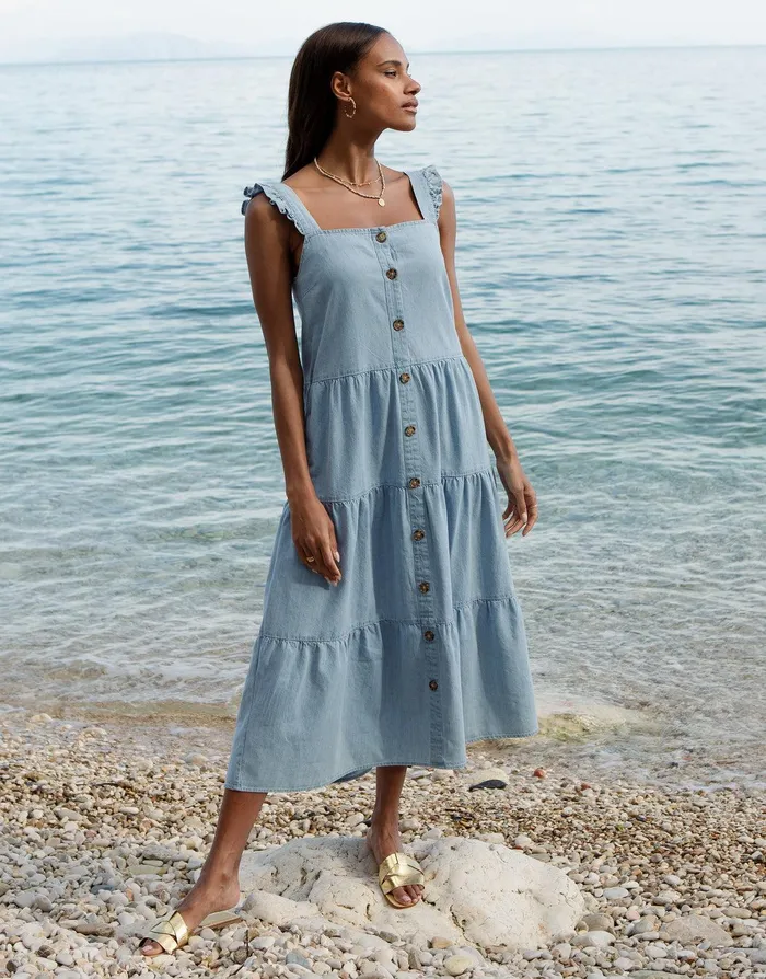 Women Light Blue Chambray Button Down Tiered Midi Dress With Flutter Strap Light Blue Threadbare Dresses