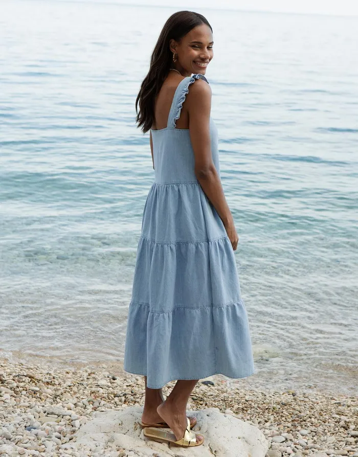 Women Light Blue Chambray Button Down Tiered Midi Dress With Flutter Strap Light Blue Threadbare Dresses Women Light Blue Chambray Button Down Tiered Midi Dress With Flutter Strap Light Blue Threadbare Dresses