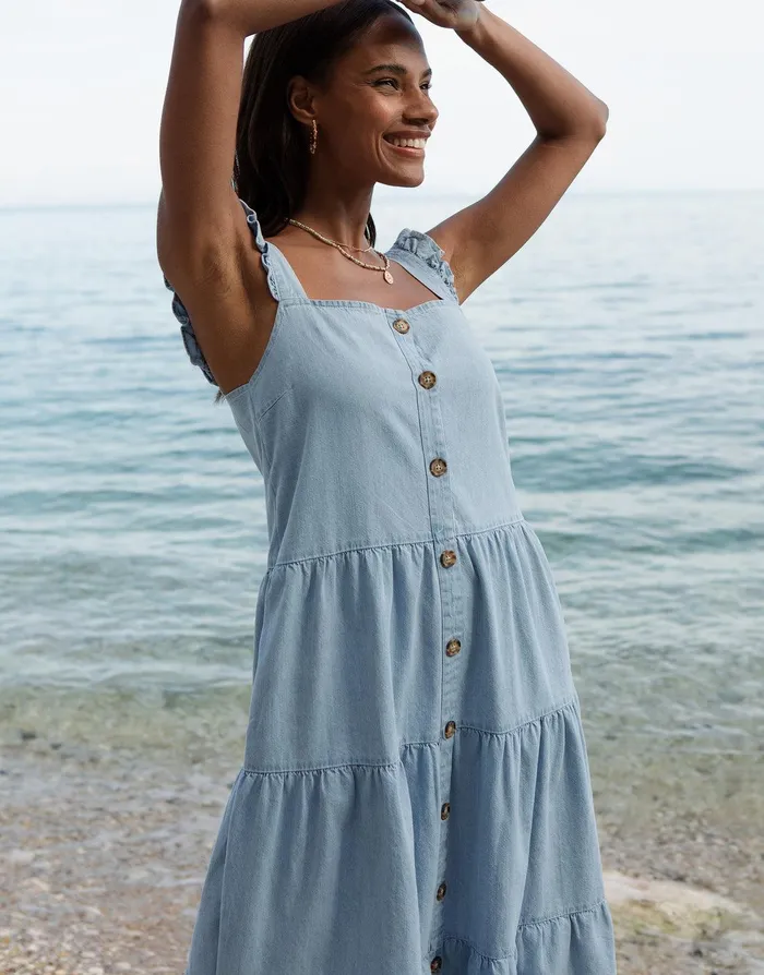 Women Light Blue Chambray Button Down Tiered Midi Dress With Flutter Strap Light Blue Threadbare Dresses Women Light Blue Chambray Button Down Tiered Midi Dress With Flutter Strap Light Blue Threadbare Dresses