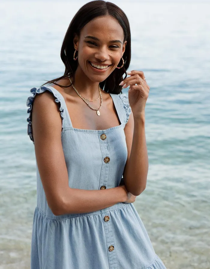 Women Light Blue Chambray Button Down Tiered Midi Dress With Flutter Strap Light Blue Threadbare Dresses Women Light Blue Chambray Button Down Tiered Midi Dress With Flutter Strap Light Blue Threadbare Dresses