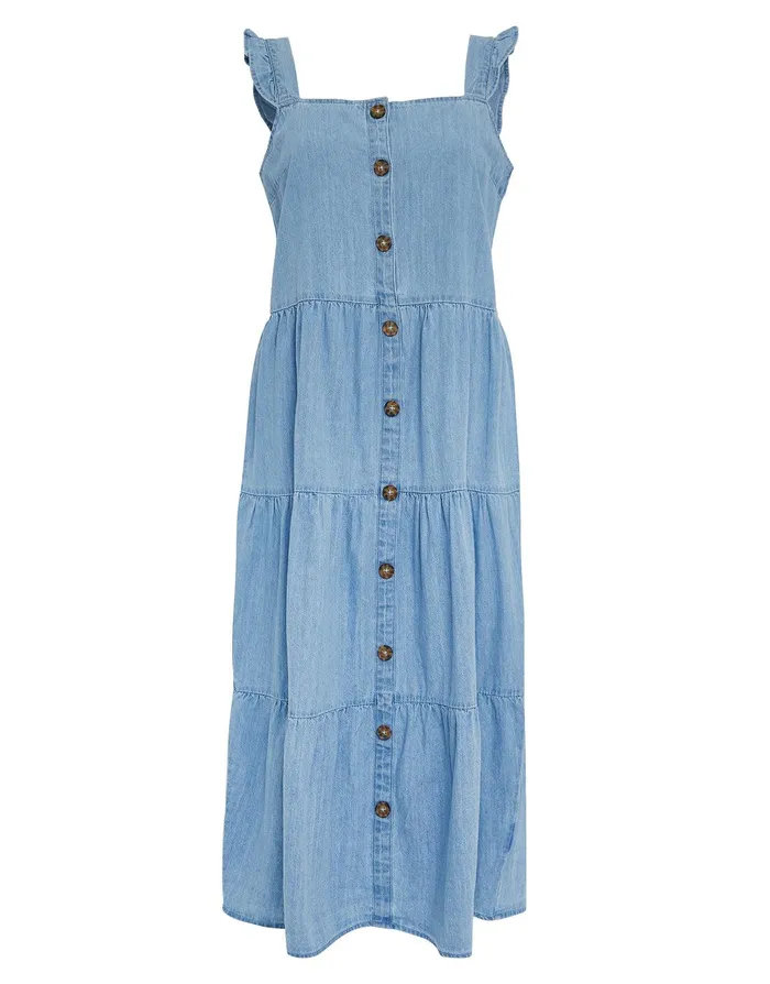 Women Light Blue Chambray Button Down Tiered Midi Dress With Flutter Strap Light Blue Threadbare Dresses Women Light Blue Chambray Button Down Tiered Midi Dress With Flutter Strap Light Blue Threadbare Dresses