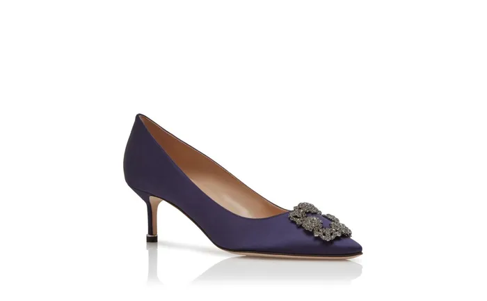 Women Low Heels Manolo Blahnik HANGISI 50 Dark Blue Satin Jewel Buckle Pumps