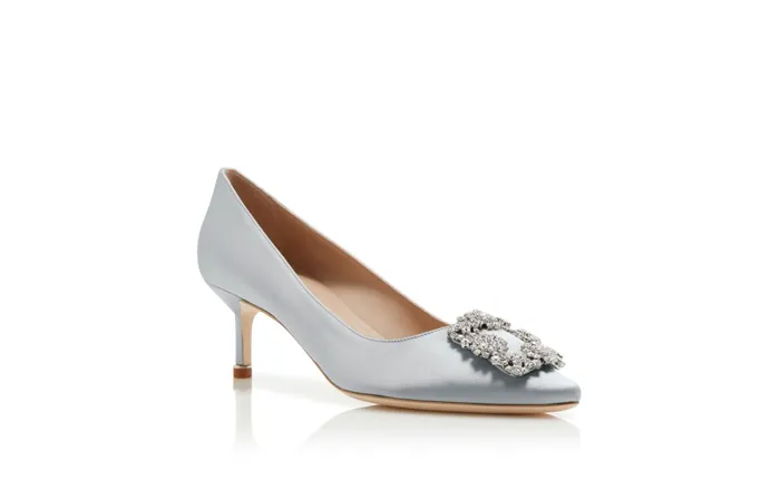Women Low Heels Manolo Blahnik HANGISI 50 Pale Green Satin Jewel Buckle Pumps Women Low Heels Manolo Blahnik HANGISI 50 Pale Green Satin Jewel Buckle Pumps