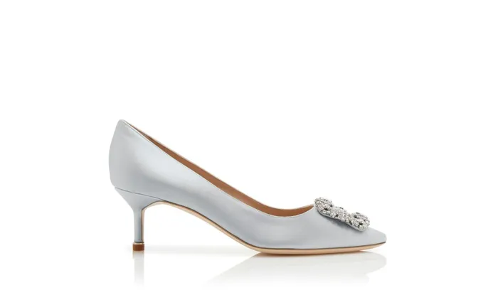 Women Low Heels Manolo Blahnik HANGISI 50 Pale Green Satin Jewel Buckle Pumps Women Low Heels Manolo Blahnik HANGISI 50 Pale Green Satin Jewel Buckle Pumps