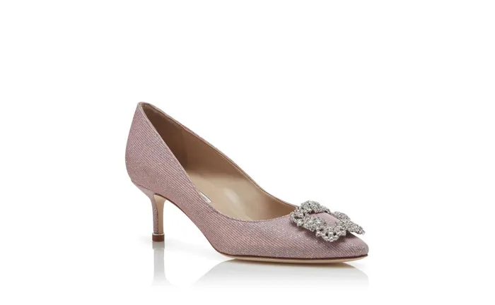 Women Low Heels Manolo Blahnik HANGISI GLITTER 50 Light Pink Glitter Fabric Jewel Buckle Pumps Women Low Heels Manolo Blahnik HANGISI GLITTER 50 Light Pink Glitter Fabric Jewel Buckle Pumps