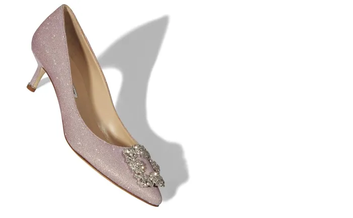 Women Low Heels Manolo Blahnik HANGISI GLITTER 50 Light Pink Glitter Fabric Jewel Buckle Pumps Women Low Heels Manolo Blahnik HANGISI GLITTER 50 Light Pink Glitter Fabric Jewel Buckle Pumps