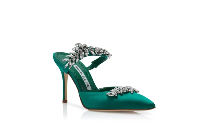 Women Lurum Manolo Blahnik LURUM Green Satin Crystal Embellished Mules