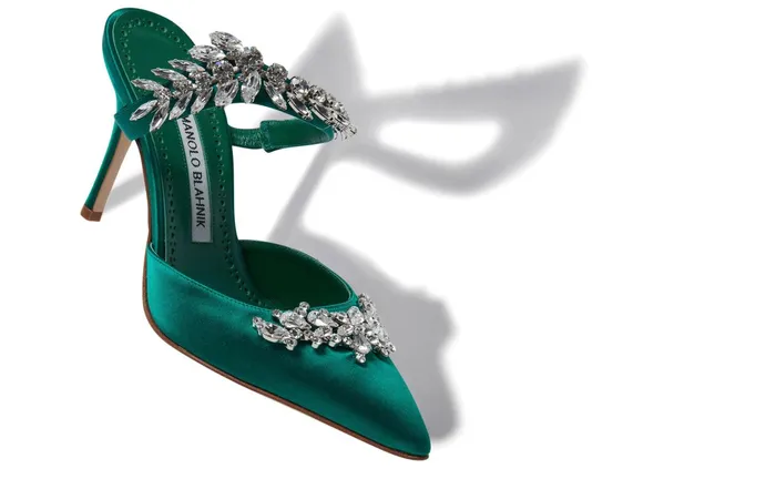 Women Lurum Manolo Blahnik LURUM Green Satin Crystal Embellished Mules Women Lurum Manolo Blahnik LURUM Green Satin Crystal Embellished Mules