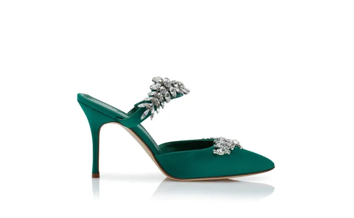 Women Lurum Manolo Blahnik LURUM Green Satin Crystal Embellished Mules Women Lurum Manolo Blahnik LURUM Green Satin Crystal Embellished Mules
