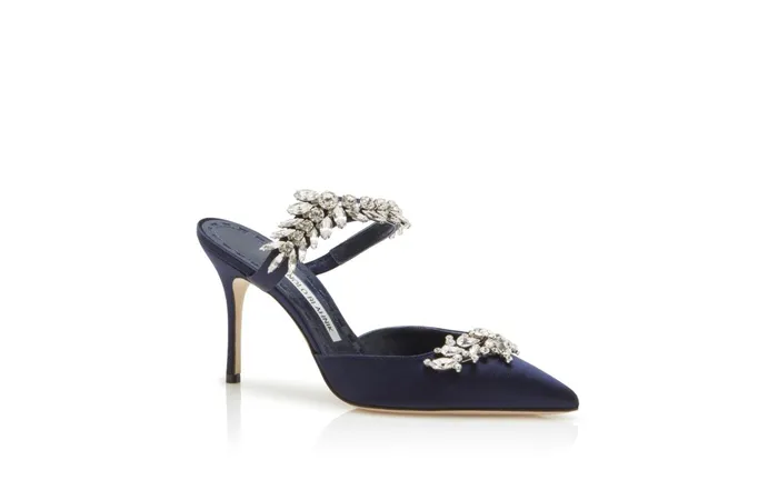 Women Lurum Manolo Blahnik LURUM Navy Satin Crystal Embellished Mules