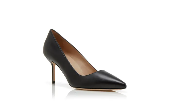 Women Mid Heels Manolo Blahnik BB 70 Black Nappa Leather Pointed Toe Pumps