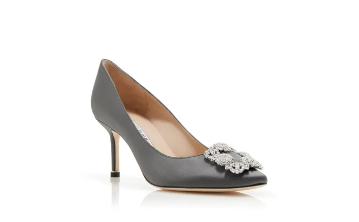 Women Mid Heels Manolo Blahnik HANGISI 70 Grey Satin Jewel Buckle Pumps
