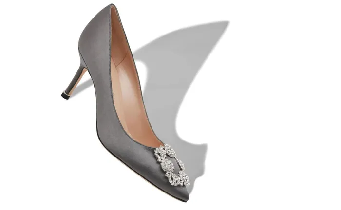 Women Mid Heels Manolo Blahnik HANGISI 70 Grey Satin Jewel Buckle Pumps Women Mid Heels Manolo Blahnik HANGISI 70 Grey Satin Jewel Buckle Pumps