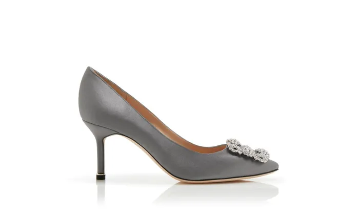 Women Mid Heels Manolo Blahnik HANGISI 70 Grey Satin Jewel Buckle Pumps Women Mid Heels Manolo Blahnik HANGISI 70 Grey Satin Jewel Buckle Pumps