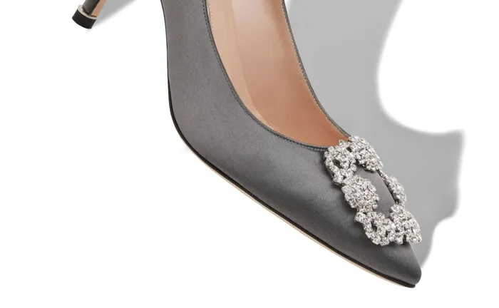 Women Mid Heels Manolo Blahnik HANGISI 70 Grey Satin Jewel Buckle Pumps Women Mid Heels Manolo Blahnik HANGISI 70 Grey Satin Jewel Buckle Pumps