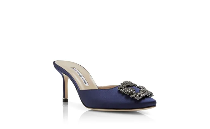 Women Mid Heels Manolo Blahnik HANGISIMU Navy Blue Satin Jewel Buckle Mules
