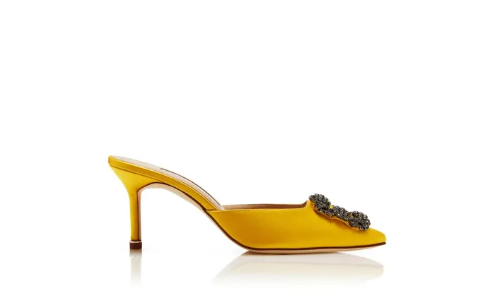 Women Mid Heels Manolo Blahnik HANGISIMU Yellow Satin Jewel Buckle Mules Women Mid Heels Manolo Blahnik HANGISIMU Yellow Satin Jewel Buckle Mules