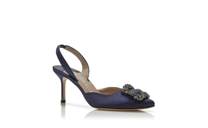 Women Mid Heels Manolo Blahnik HANGISLI Navy Blue Satin Jewel Buckle Slingback Pumps Women Mid Heels Manolo Blahnik HANGISLI Navy Blue Satin Jewel Buckle Slingback Pumps