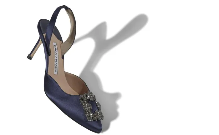 Women Mid Heels Manolo Blahnik HANGISLI Navy Blue Satin Jewel Buckle Slingback Pumps Women Mid Heels Manolo Blahnik HANGISLI Navy Blue Satin Jewel Buckle Slingback Pumps