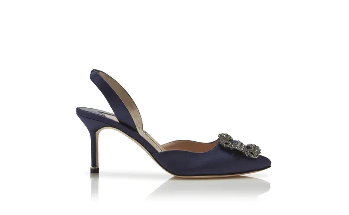 Women Mid Heels Manolo Blahnik HANGISLI Navy Blue Satin Jewel Buckle Slingback Pumps Women Mid Heels Manolo Blahnik HANGISLI Navy Blue Satin Jewel Buckle Slingback Pumps
